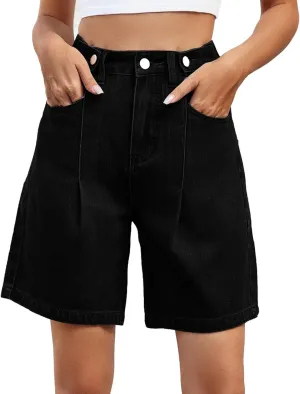 Stretch Denim Shorts Women High Waisted - Bermuda Mid-Rise Butt Lift Summer Long Denim 5 Inch Inseam with Pockets