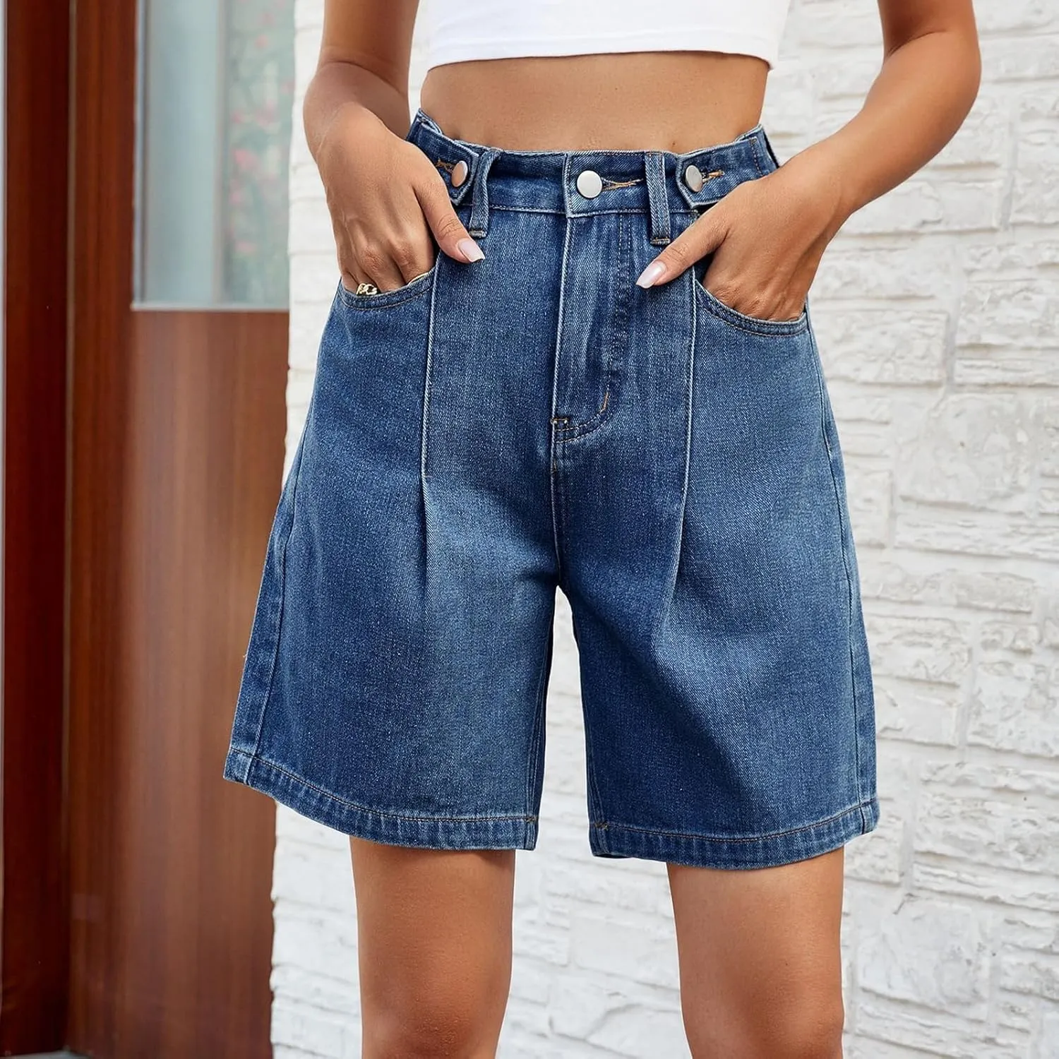 Stretch Denim Shorts Women High Waisted - Bermuda Mid-Rise Butt Lift Summer Long Denim 5 Inch Inseam with Pockets