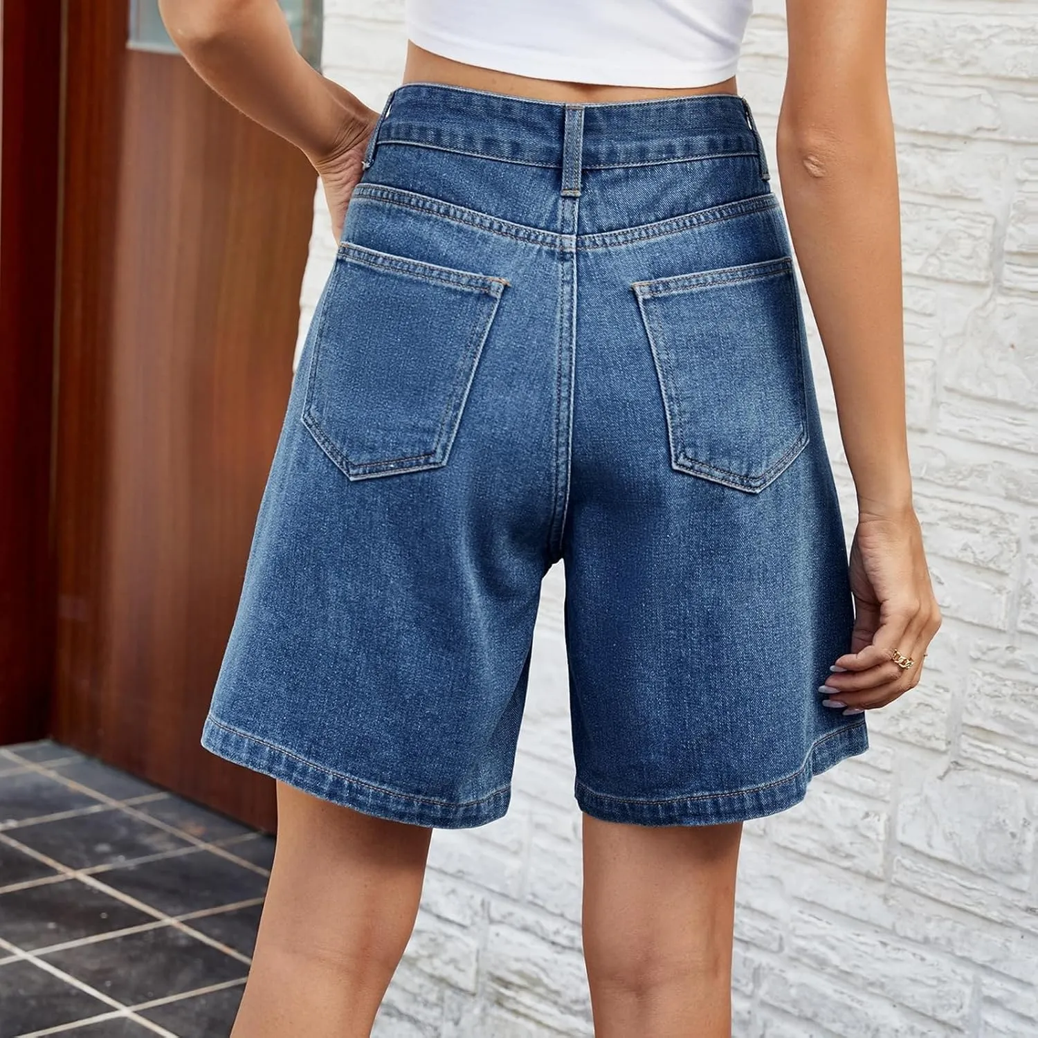 Stretch Denim Shorts Women High Waisted - Bermuda Mid-Rise Butt Lift Summer Long Denim 5 Inch Inseam with Pockets