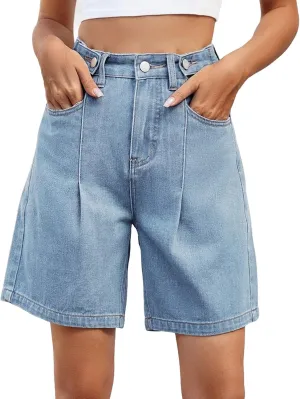 Stretch Denim Shorts Women High Waisted - Bermuda Mid-Rise Butt Lift Summer Long Denim 5 Inch Inseam with Pockets