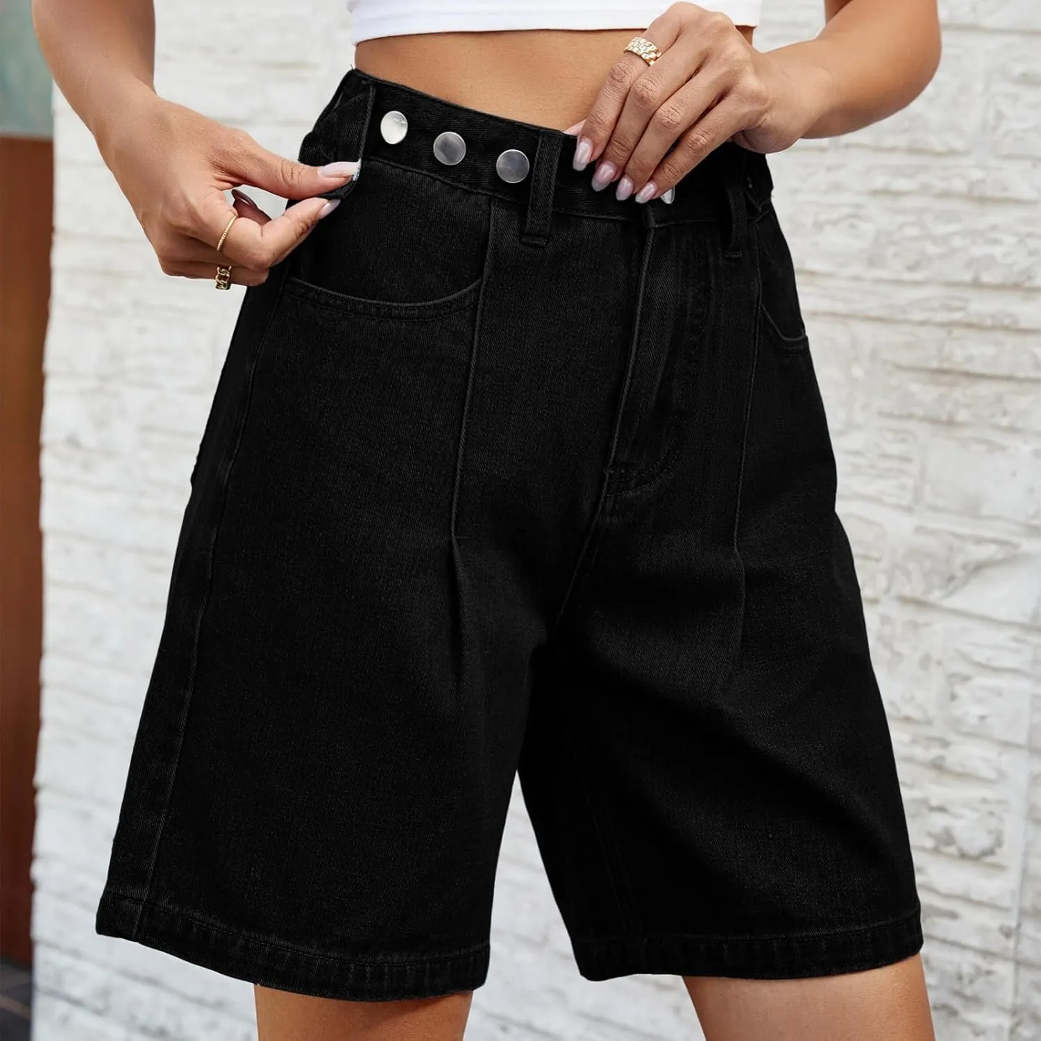 Stretch Denim Shorts Women High Waisted - Bermuda Mid-Rise Butt Lift Summer Long Denim 5 Inch Inseam with Pockets