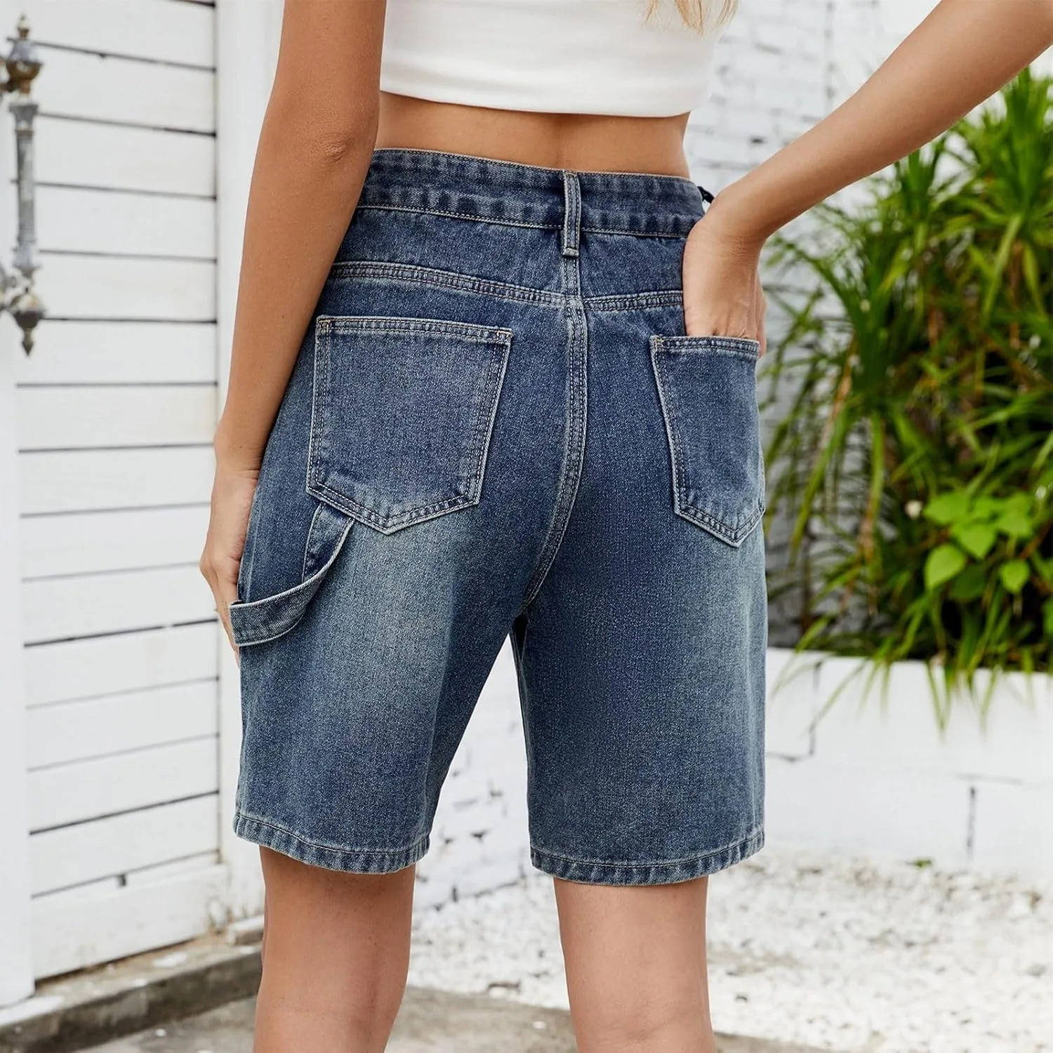 Stretch Denim Shorts Women High Waisted - Bermuda Mid-Rise Butt Lift Summer Long Denim 5 Inch Inseam with Pockets