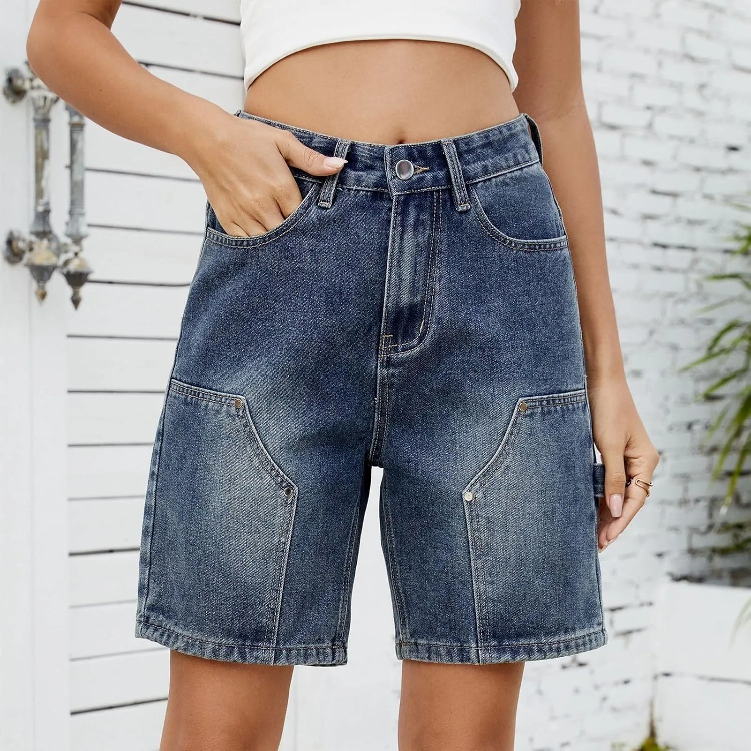 Stretch Denim Shorts Women High Waisted - Bermuda Mid-Rise Butt Lift Summer Long Denim 5 Inch Inseam with Pockets