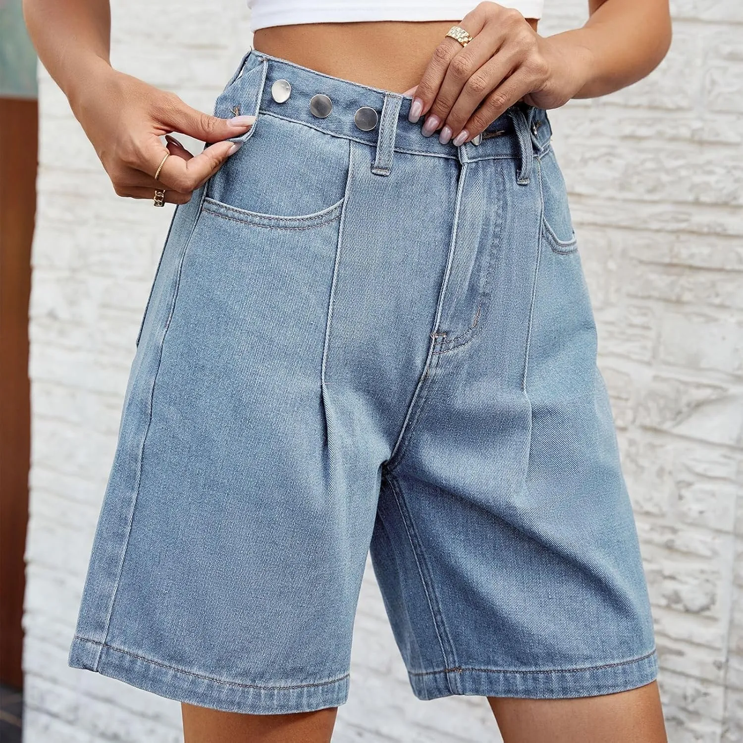 Stretch Denim Shorts Women High Waisted - Bermuda Mid-Rise Butt Lift Summer Long Denim 5 Inch Inseam with Pockets