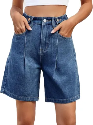 Stretch Denim Shorts Women High Waisted - Bermuda Mid-Rise Butt Lift Summer Long Denim 5 Inch Inseam with Pockets