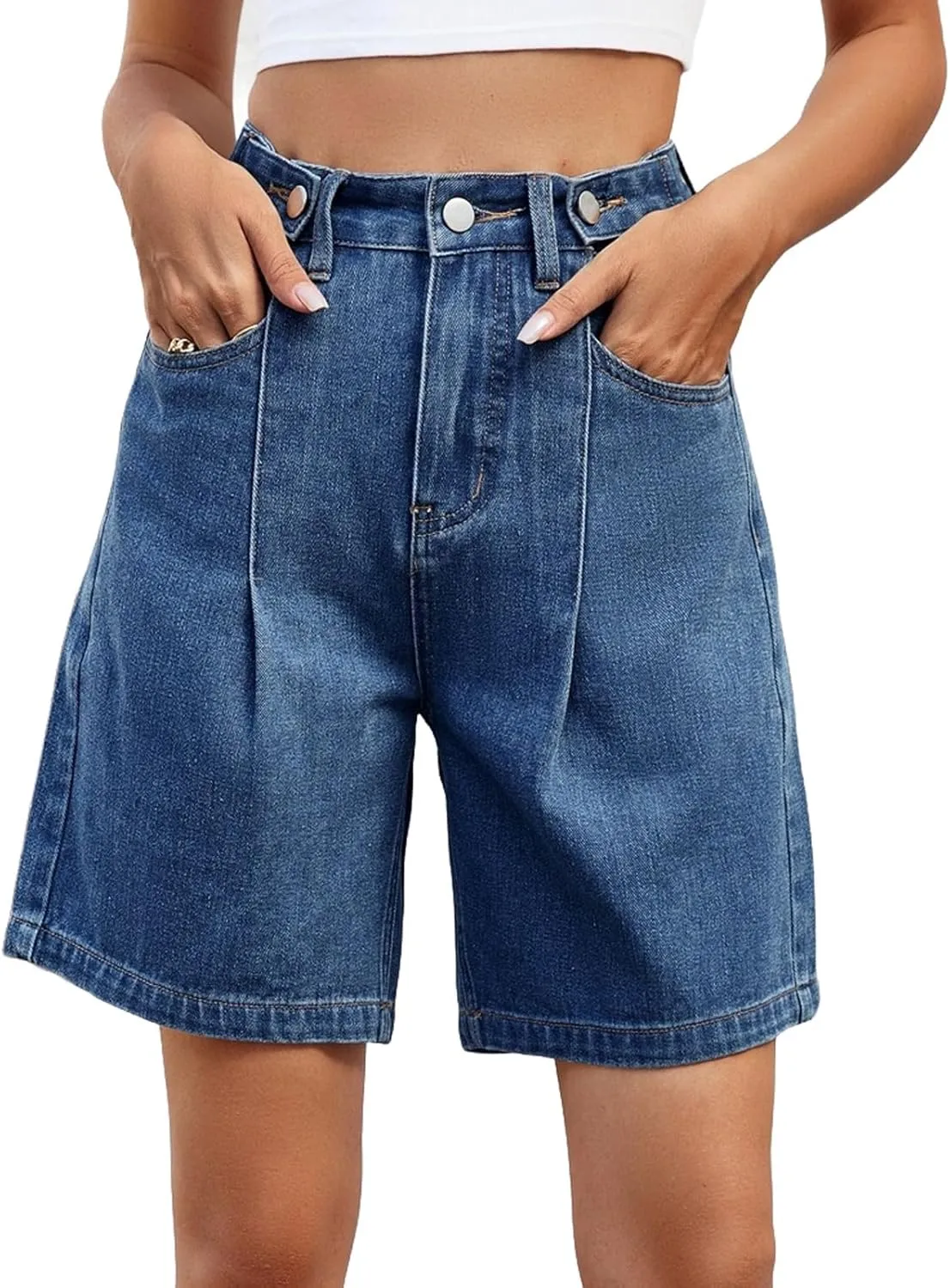 Stretch Denim Shorts Women High Waisted - Bermuda Mid-Rise Butt Lift Summer Long Denim 5 Inch Inseam with Pockets