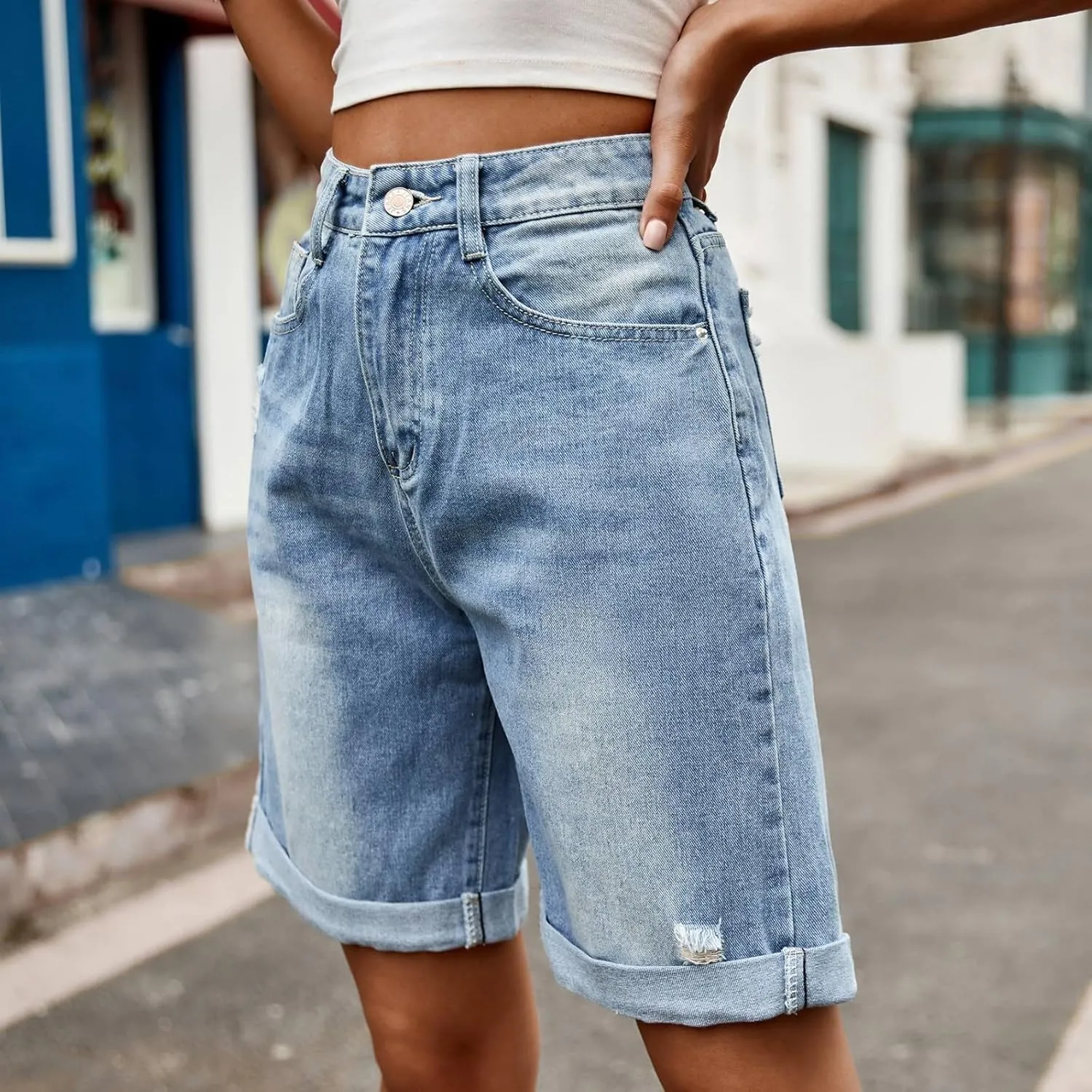 Stretch Denim Shorts Women High Waisted - Bermuda Mid-Rise Butt Lift Summer Long Denim 5 Inch Inseam with Pockets