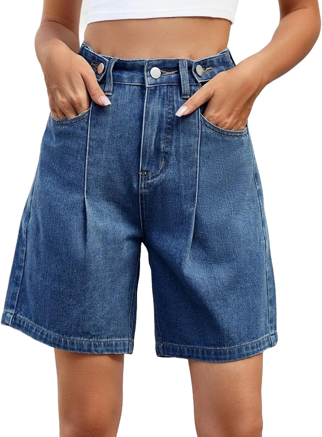 Stretch Denim Shorts Women High Waisted - Bermuda Mid-Rise Butt Lift Summer Long Denim 5 Inch Inseam with Pockets