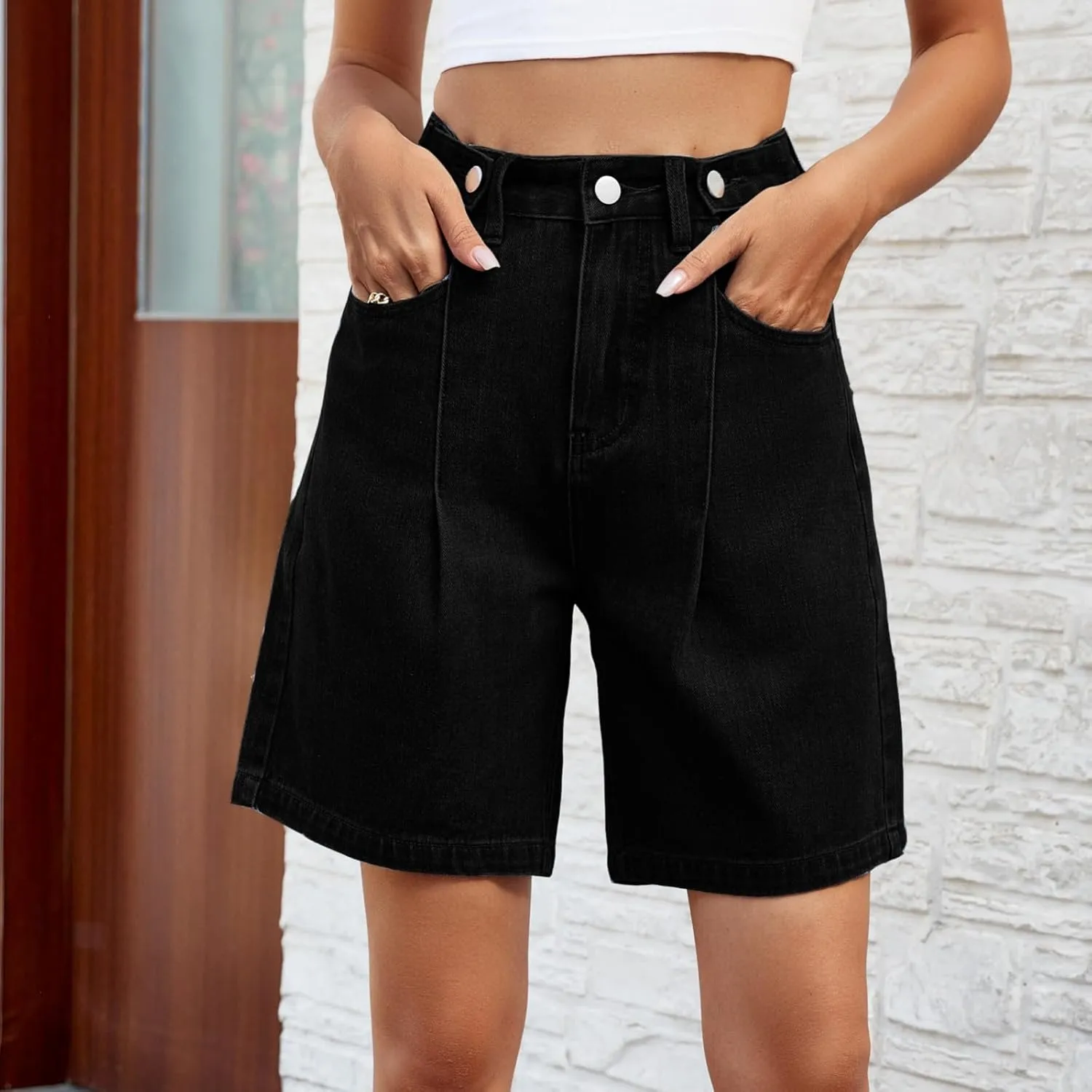 Stretch Denim Shorts Women High Waisted - Bermuda Mid-Rise Butt Lift Summer Long Denim 5 Inch Inseam with Pockets