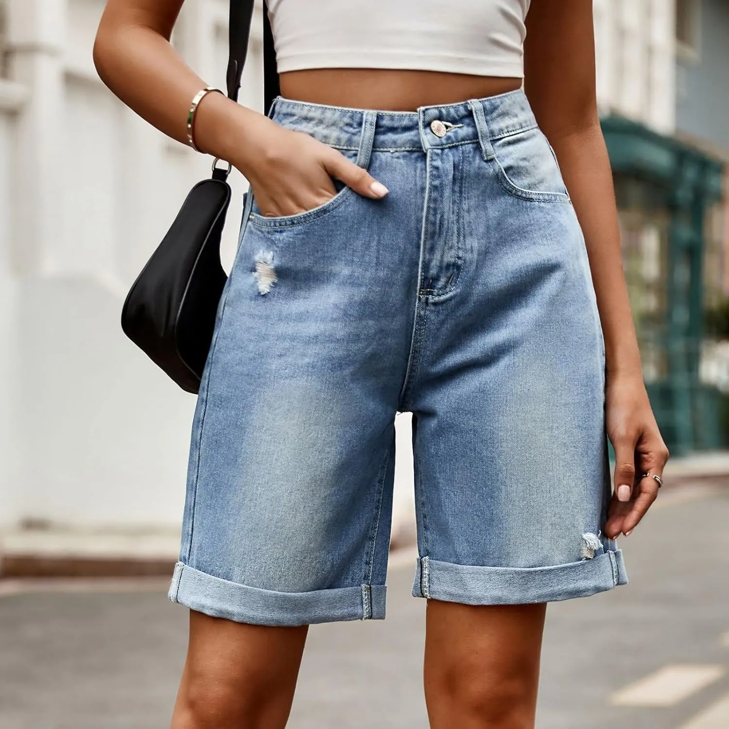 Stretch Denim Shorts Women High Waisted - Bermuda Mid-Rise Butt Lift Summer Long Denim 5 Inch Inseam with Pockets