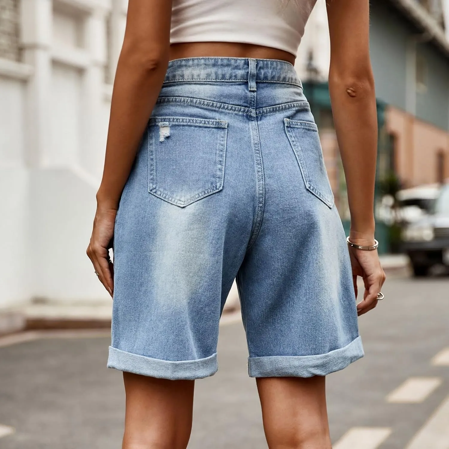 Stretch Denim Shorts Women High Waisted - Bermuda Mid-Rise Butt Lift Summer Long Denim 5 Inch Inseam with Pockets