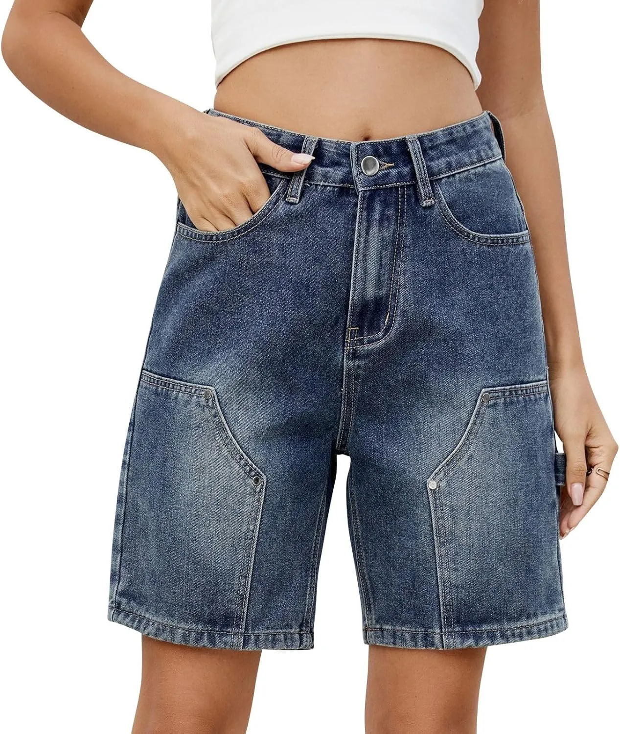 Stretch Denim Shorts Women High Waisted - Bermuda Mid-Rise Butt Lift Summer Long Denim 5 Inch Inseam with Pockets