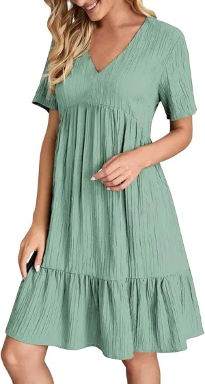 Summer Dresses for Women 2025 Short Sleeve Elegant Mini Dress Pleated Casual Dresses Ruffle Flowy V Neck Beach Sundresses