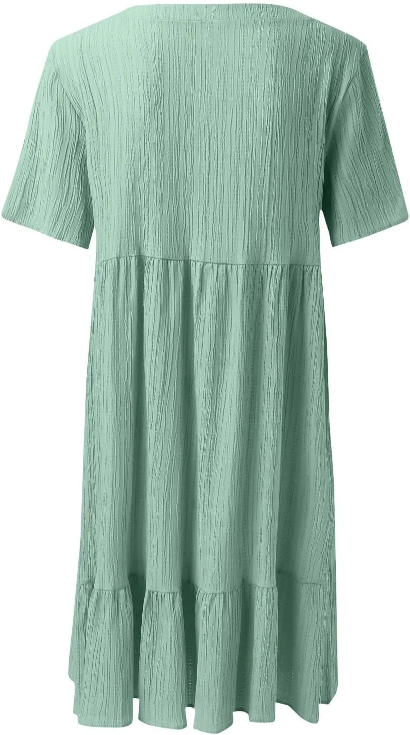 Summer Dresses for Women 2025 Short Sleeve Elegant Mini Dress Pleated Casual Dresses Ruffle Flowy V Neck Beach Sundresses