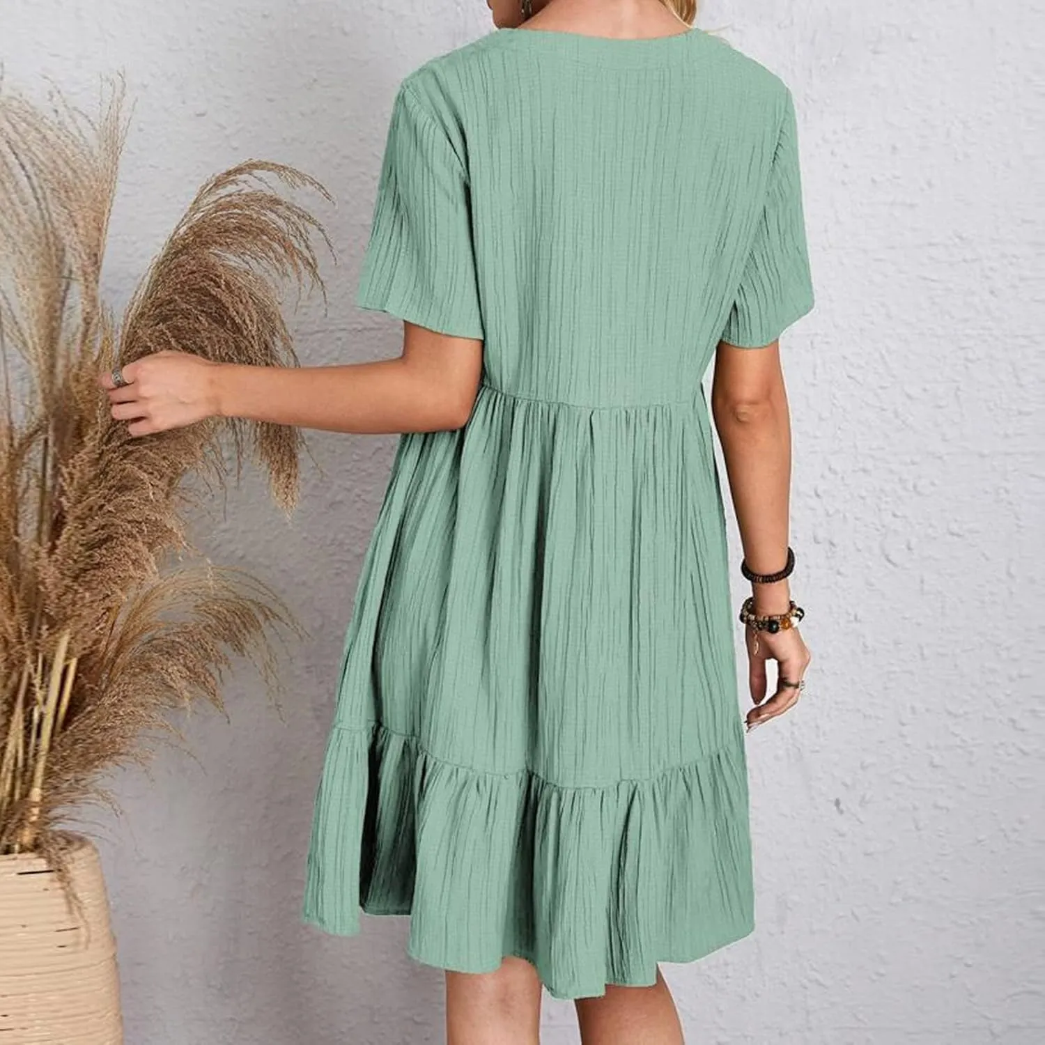 Summer Dresses for Women 2025 Short Sleeve Elegant Mini Dress Pleated Casual Dresses Ruffle Flowy V Neck Beach Sundresses