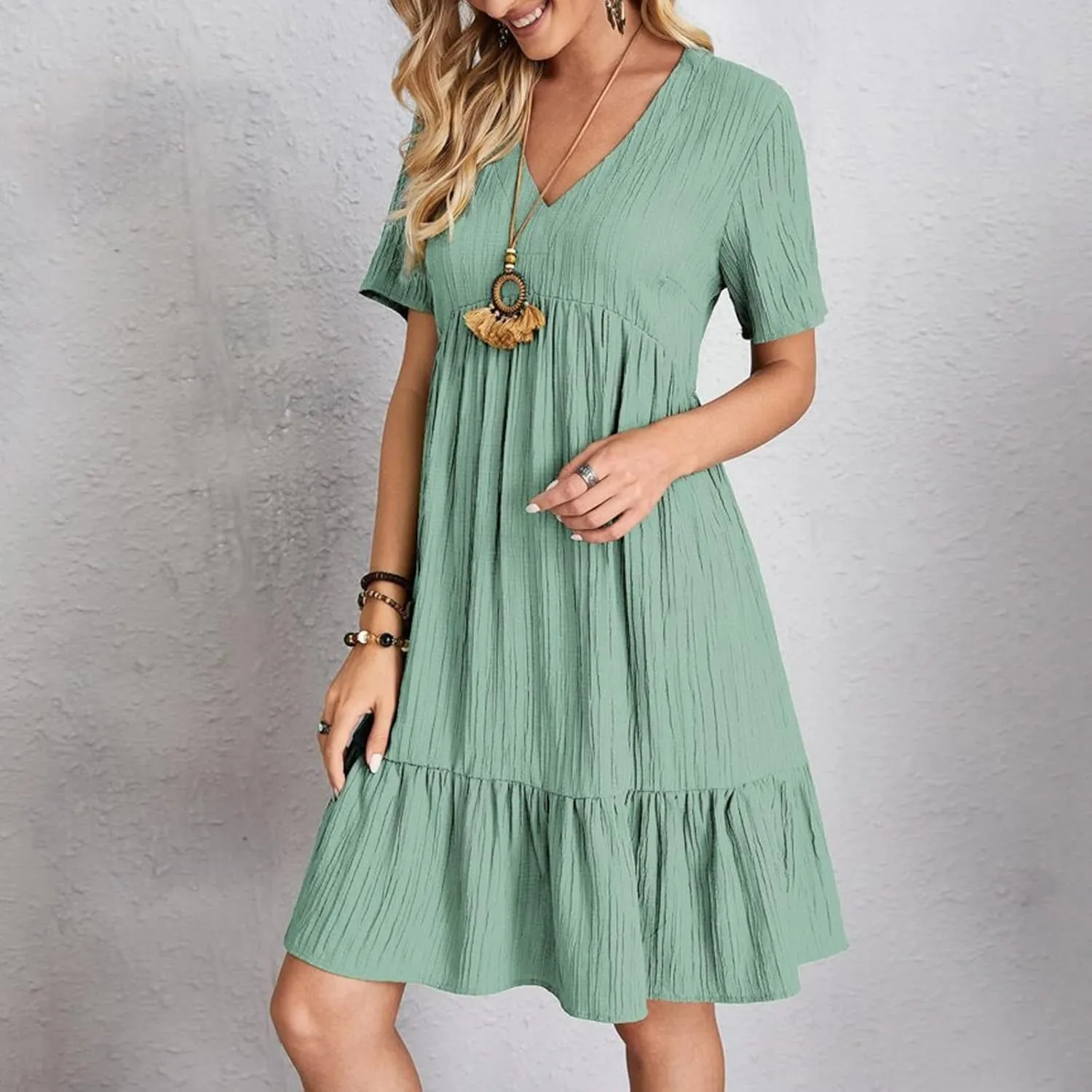 Summer Dresses for Women 2025 Short Sleeve Elegant Mini Dress Pleated Casual Dresses Ruffle Flowy V Neck Beach Sundresses