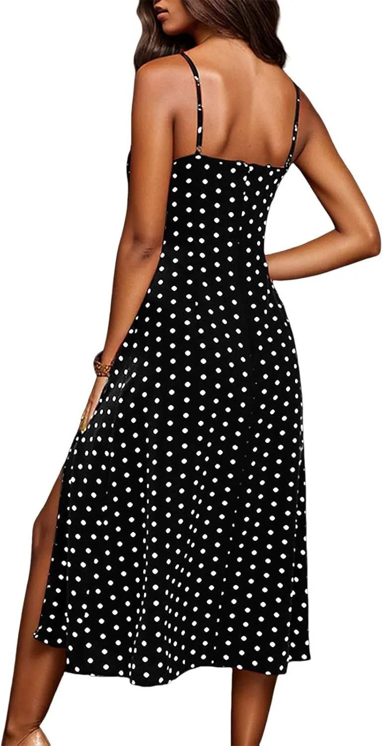 Summer Dresses for Women Spaghetti Strap Polka Dot Midi Dress 2025 Trendy Sexy Sleeveless Slit Beach Boho Sundresses