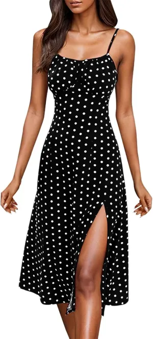 Summer Dresses for Women Spaghetti Strap Polka Dot Midi Dress 2025 Trendy Sexy Sleeveless Slit Beach Boho Sundresses