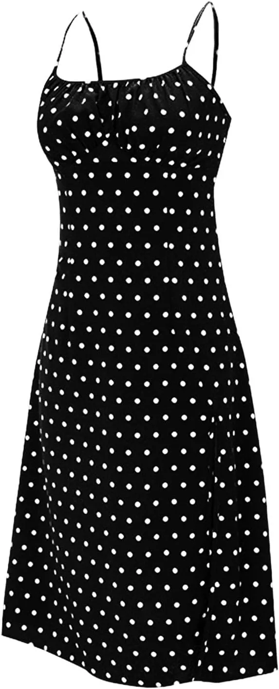 Summer Dresses for Women Spaghetti Strap Polka Dot Midi Dress 2025 Trendy Sexy Sleeveless Slit Beach Boho Sundresses