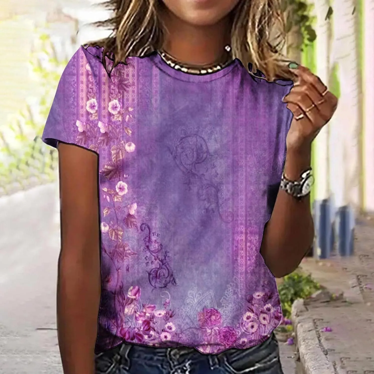 Summer Outfits for Women Short Sleeve Printed Tops Round Neck Trendy Tees Vacation Plus Size Tunics Casual T Shirt