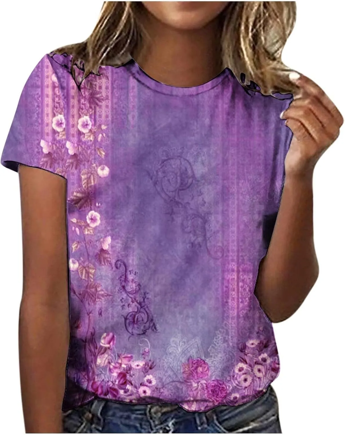 Summer Outfits for Women Short Sleeve Printed Tops Round Neck Trendy Tees Vacation Plus Size Tunics Casual T Shirt