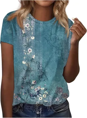 Summer Outfits for Women Short Sleeve Printed Tops Round Neck Trendy Tees Vacation Plus Size Tunics Casual T Shirt