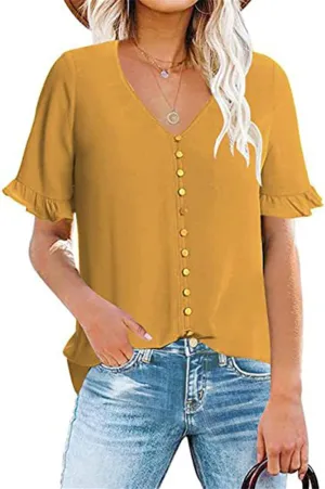 Summer Shirts for Women Causal V Neck Button Down Ruffle Short Sleeve Tops Fashion Loose Fit Solid Color Blouses