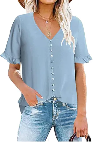 Summer Shirts for Women Causal V Neck Button Down Ruffle Short Sleeve Tops Fashion Loose Fit Solid Color Blouses