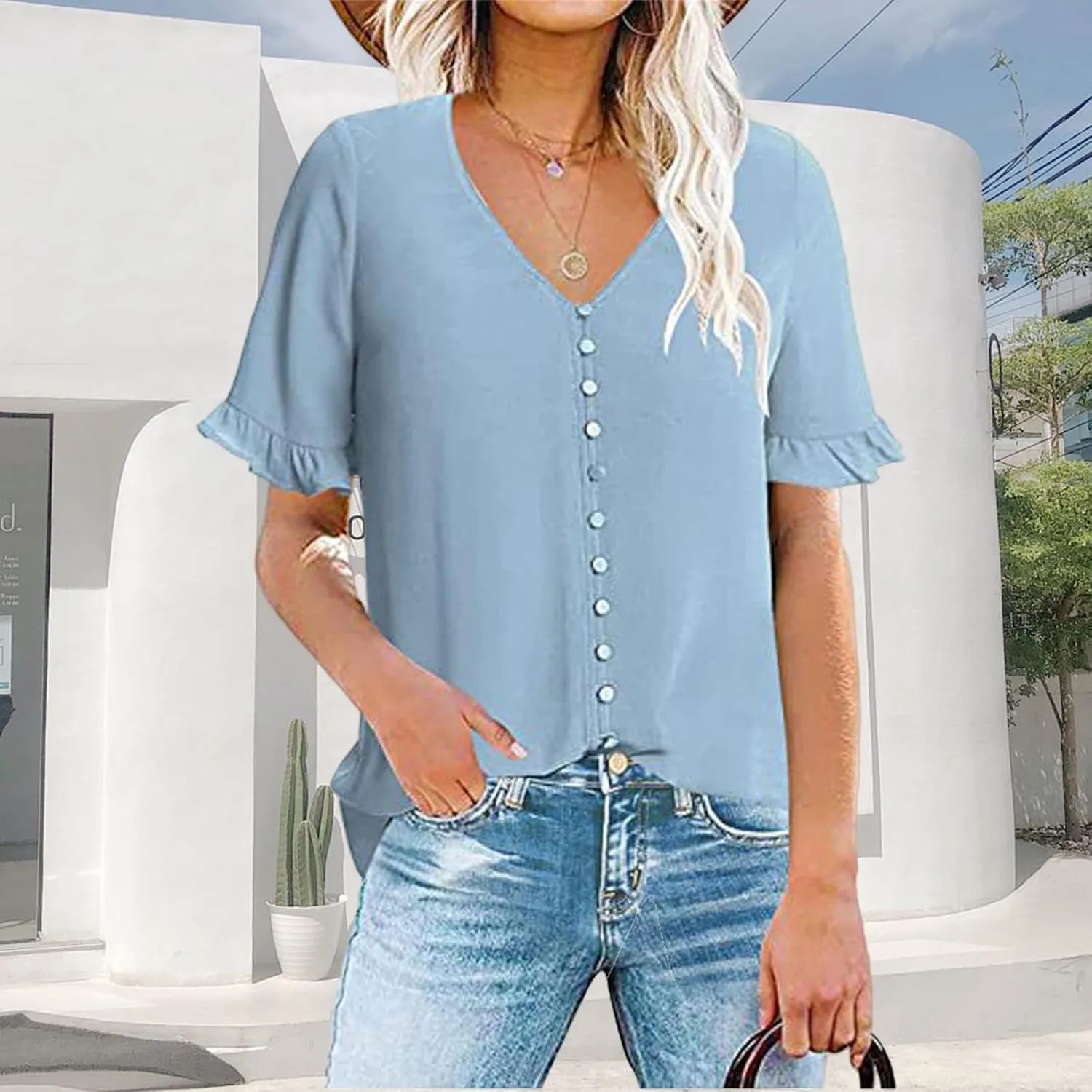 Summer Shirts for Women Causal V Neck Button Down Ruffle Short Sleeve Tops Fashion Loose Fit Solid Color Blouses