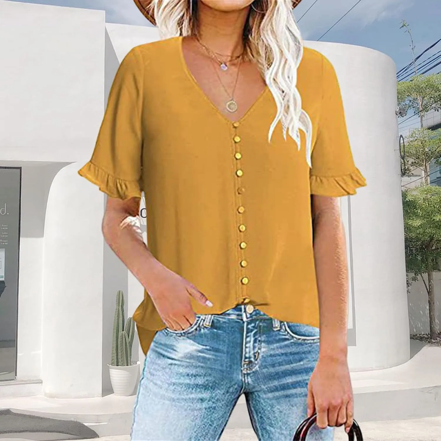 Summer Shirts for Women Causal V Neck Button Down Ruffle Short Sleeve Tops Fashion Loose Fit Solid Color Blouses