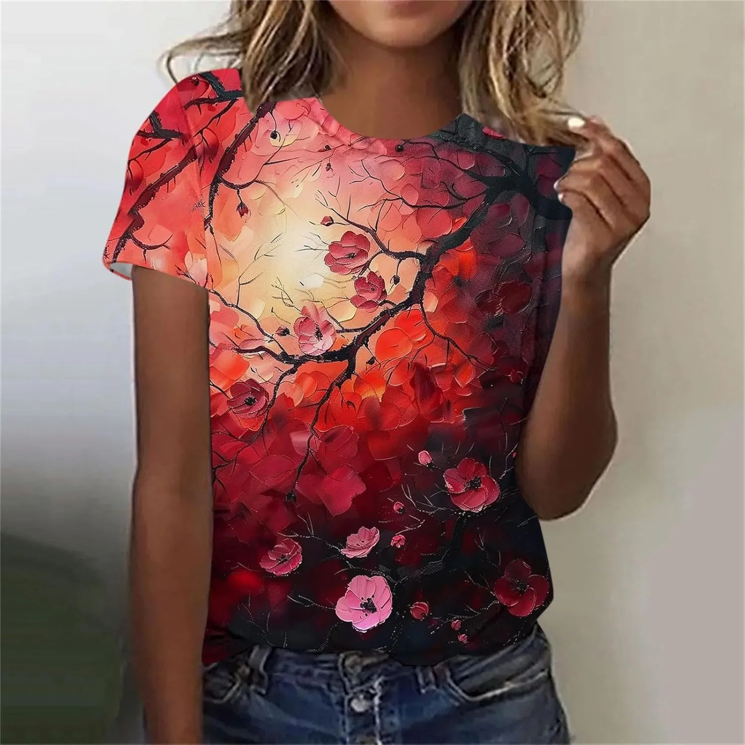 Summer Tops for Women 2025 Trendy Short Sleeve Boho Shirts Retro Floral Graphic Tees Plus Size Casual Crew Neck Tshirt