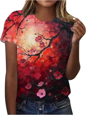 Summer Tops for Women 2025 Trendy Short Sleeve Boho Shirts Retro Floral Graphic Tees Plus Size Casual Crew Neck Tshirt