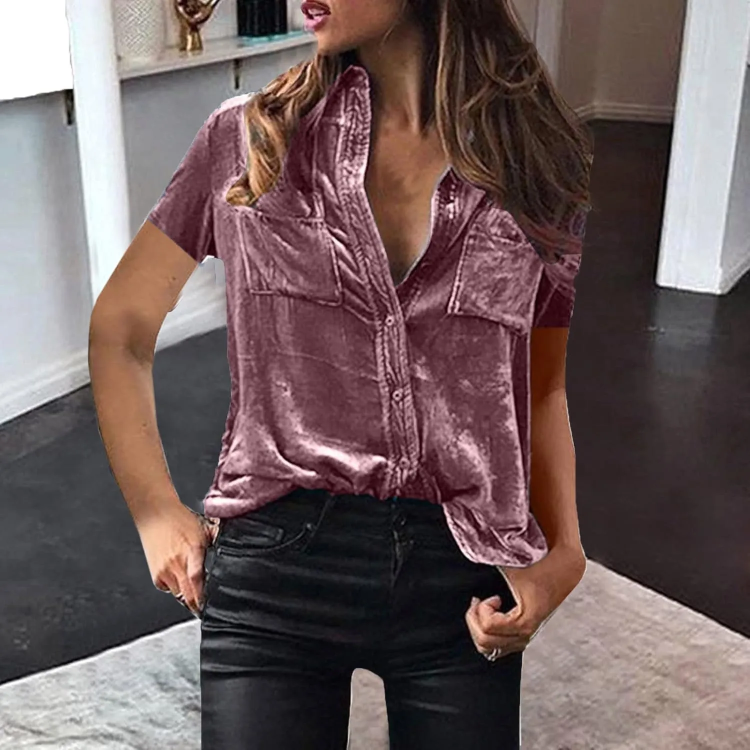 Summer Tops for Women Fashion Short Sleeve V Neck Tops Casual Button Down Shirts Trendy Lightweight Loose Fit Top
