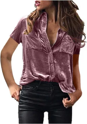 Summer Tops for Women Fashion Short Sleeve V Neck Tops Casual Button Down Shirts Trendy Lightweight Loose Fit Top