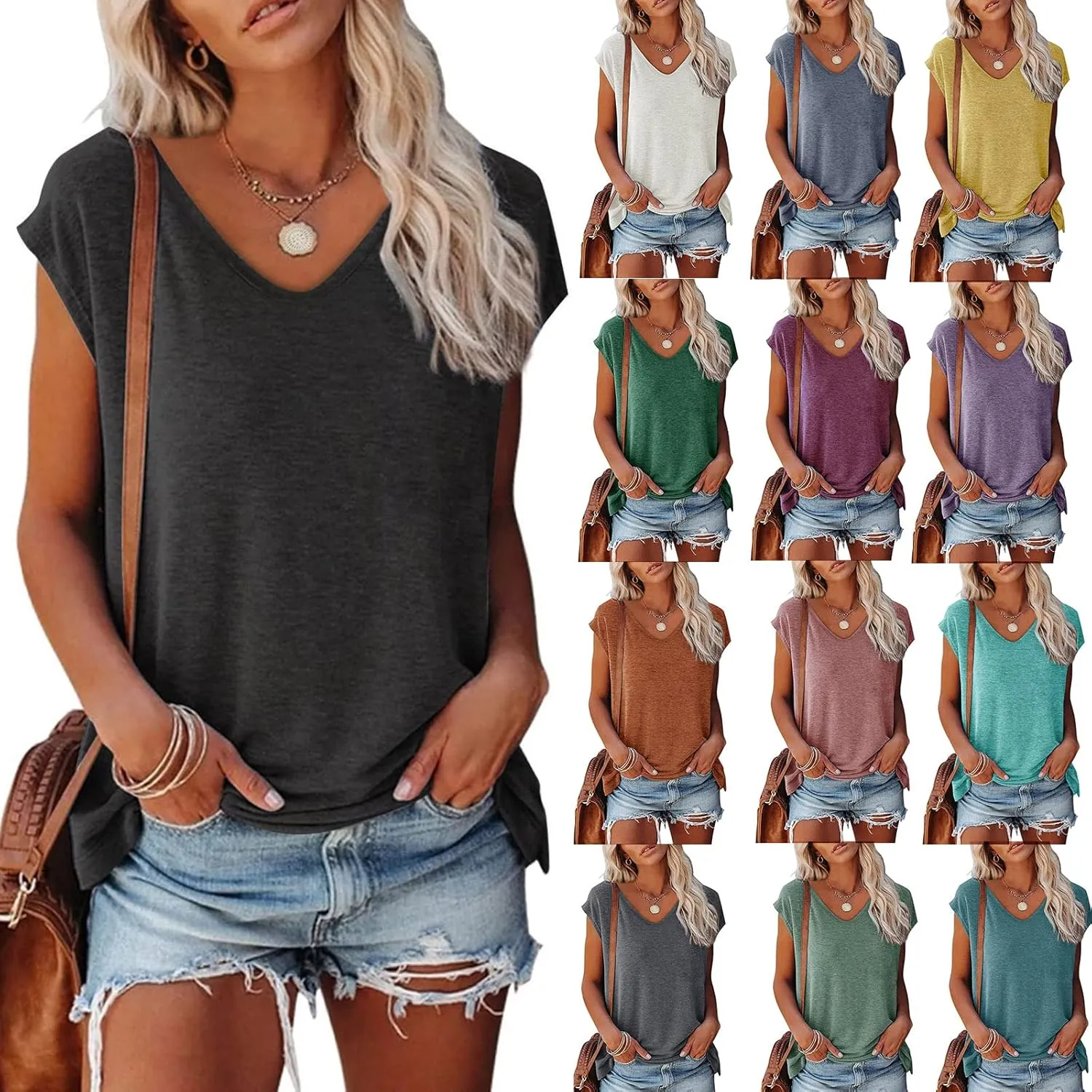 T Shirts for Women 2025 Fashion Cap Sleeve V Neck Tshirts Dressy Casual Summer Basic Tops Solid Color Tees for Work