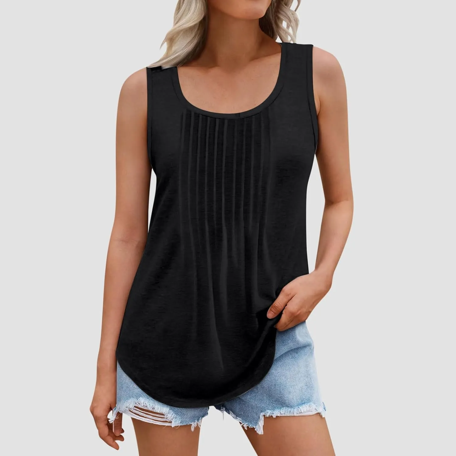 Tank Tops for Women 2025 Plus Size Summer Tops Trendy Sleeveless Scoop Neck Pleated Casual Loose Fit T Shirts
