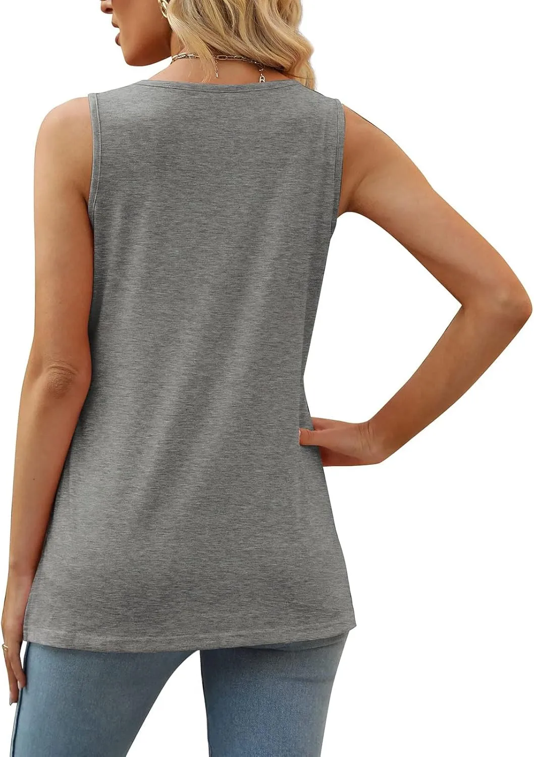 Tank Tops for Women Summer Square Neck Sleeveless T-Shirts Casual Solid Color Loose Fit Split Hem Pullover Tee Shirt