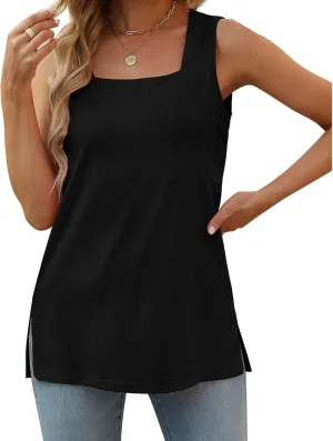 Tank Tops for Women Summer Square Neck Sleeveless T-Shirts Casual Solid Color Loose Fit Split Hem Pullover Tee Shirt