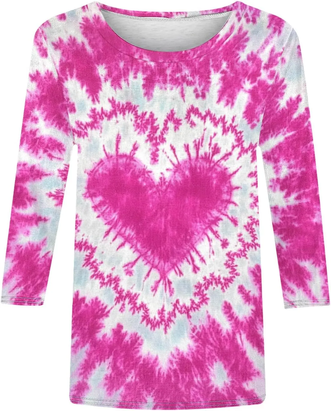 Tie Dyed Hippie Heart Shirts Womens Tops Tshirts Three Quarter 3/4 Sleeve Cute Tees Hip Hop Streetwear Apparel Clothes