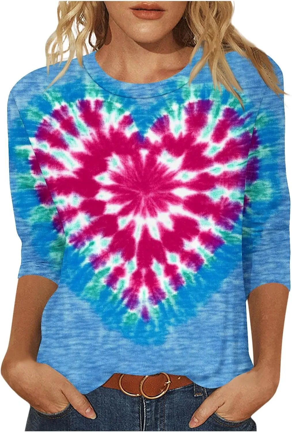 Tie Dyed Hippie Heart Shirts Womens Tops Tshirts Three Quarter 3/4 Sleeve Cute Tees Hip Hop Streetwear Apparel Clothes
