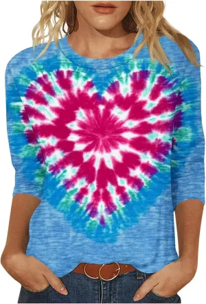 Tie Dyed Hippie Heart Shirts Womens Tops Tshirts Three Quarter 3/4 Sleeve Cute Tees Hip Hop Streetwear Apparel Clothes