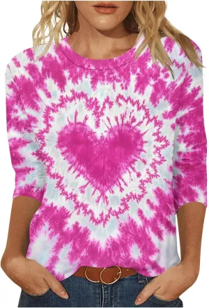 Tie Dyed Hippie Heart Shirts Womens Tops Tshirts Three Quarter 3/4 Sleeve Cute Tees Hip Hop Streetwear Apparel Clothes