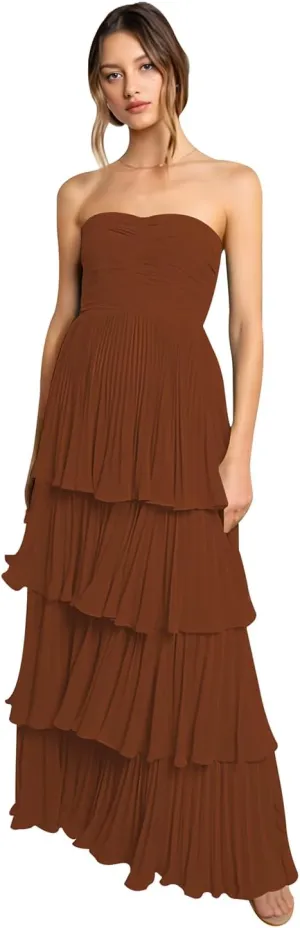 Tiered Strapless Prom Dresses for Women 2025 Modest Ruffle Chiffon Off The Shoulder Long Formal Cocktail Dresses