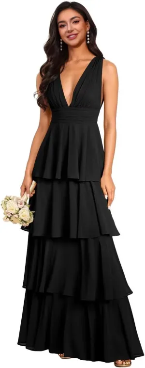 V Neck Bridesmaid Dresses 2025 Chiffon Ruffle Tiered Long Prom Dresses A Line Formal Evening Gowns XOD0436