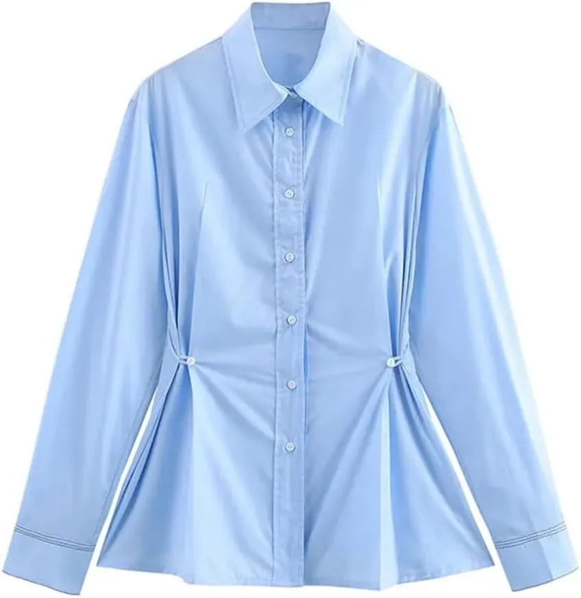 Waist Button Solid Color Blouse Loose Casual Long Sleeve Chic Shirts Lapel Office Lady Work Top