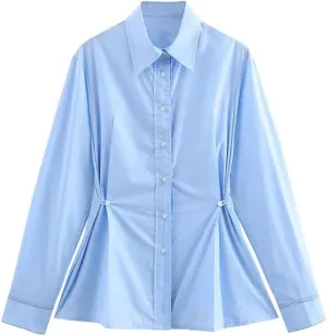 Waist Button Solid Color Blouse Loose Casual Long Sleeve Chic Shirts Lapel Office Lady Work Top