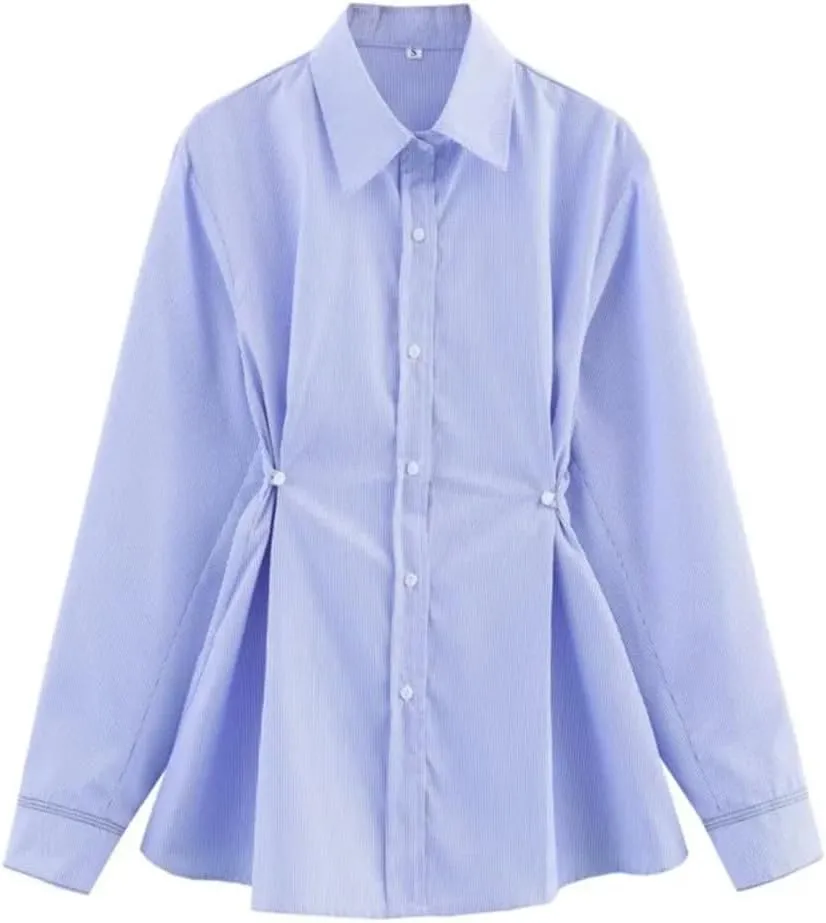 Waist Button Solid Color Blouse Loose Casual Long Sleeve Chic Shirts Lapel Office Lady Work Top