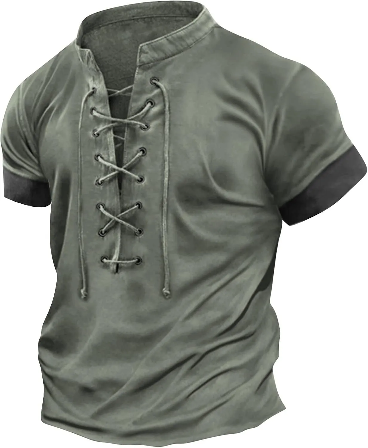 WENKOMG1 Mens Pirate Shirt Short Sleeve Distressed Summer V Neck Tees Retro Style Medieval Lace Up Henley Shirt