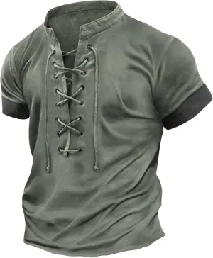WENKOMG1 Mens Pirate Shirt Short Sleeve Distressed Summer V Neck Tees Retro Style Medieval Lace Up Henley Shirt