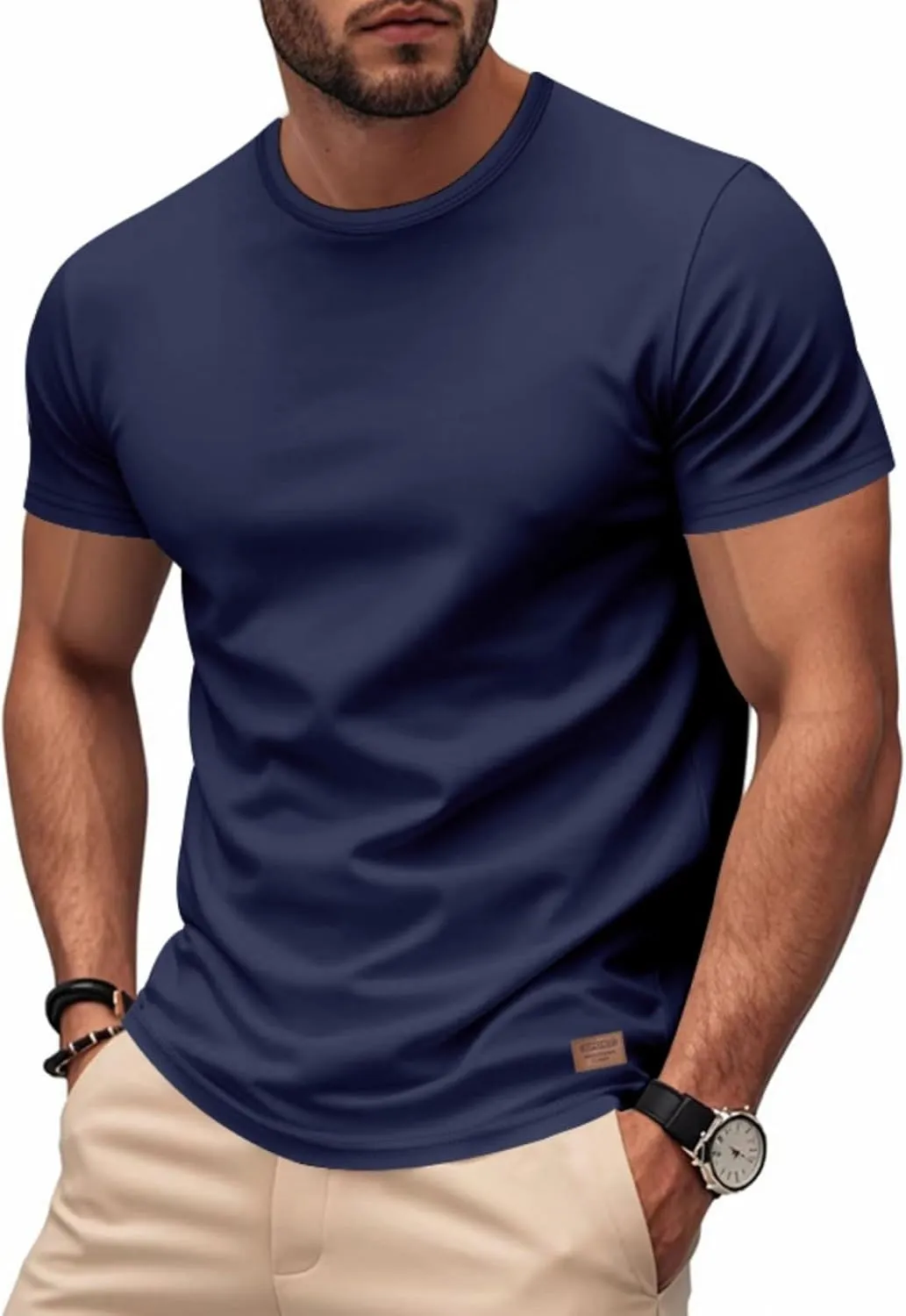 WENKOMG1 Mens Round Neck T-Shirt Quick Dry Solid Color Basic Summer Workout Gym Shirt